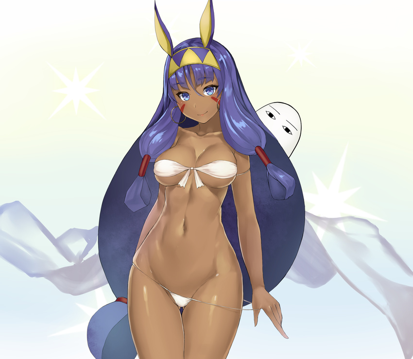 &lt;o&gt;_&lt;o&gt; absurdres animal_ears armlet arms_at_sides ass_visible_through_thighs bandeau bikini bikini_pull blue_eyes breasts cleavage closed_mouth collarbone cowboy_shot dark_skin earrings eyebrows_visible_through_hair facial_mark fate/grand_order fate_(series) front-tie_bikini front-tie_top gradient gradient_background hair_tubes hairband highres hoop_earrings jackal_ears jewelry large_breasts long_hair looking_at_viewer low-tied_long_hair medjed nakamura_nagare navel nitocris_(fate/grand_order) purple_hair sidelocks simple_background smile solo string_bikini swimsuit thigh_gap very_long_hair white_bikini