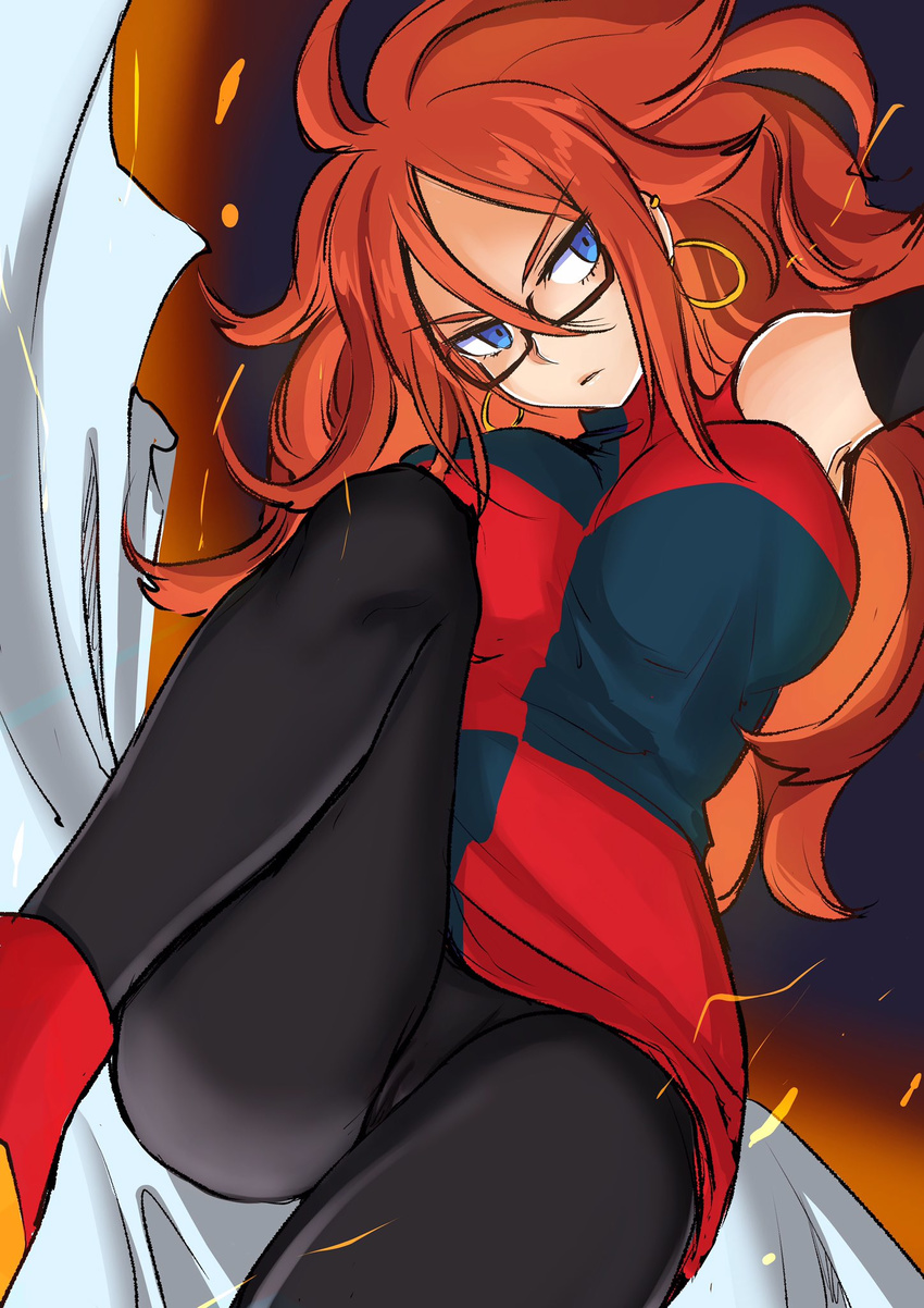 android_21 black_legwear blue_eyes curly_hair detached_sleeves dragon_ball dragon_ball_fighterz earrings emirio_(user_wmup5874) glasses highres hoop_earrings jewelry long_hair looking_at_viewer pantyhose serious