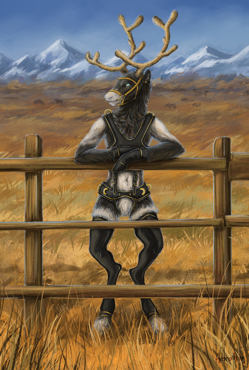 2017 anoroth anthro antlers bdsm biped bit_gag blue_eyes cervine clothing detailed_background digital_media_(artwork) fence fur gag harness horn kumagoro leather legwear male mammal mountain nude outside petplay ponyplay reindeer roleplay signature solo stockings velvet_antlers