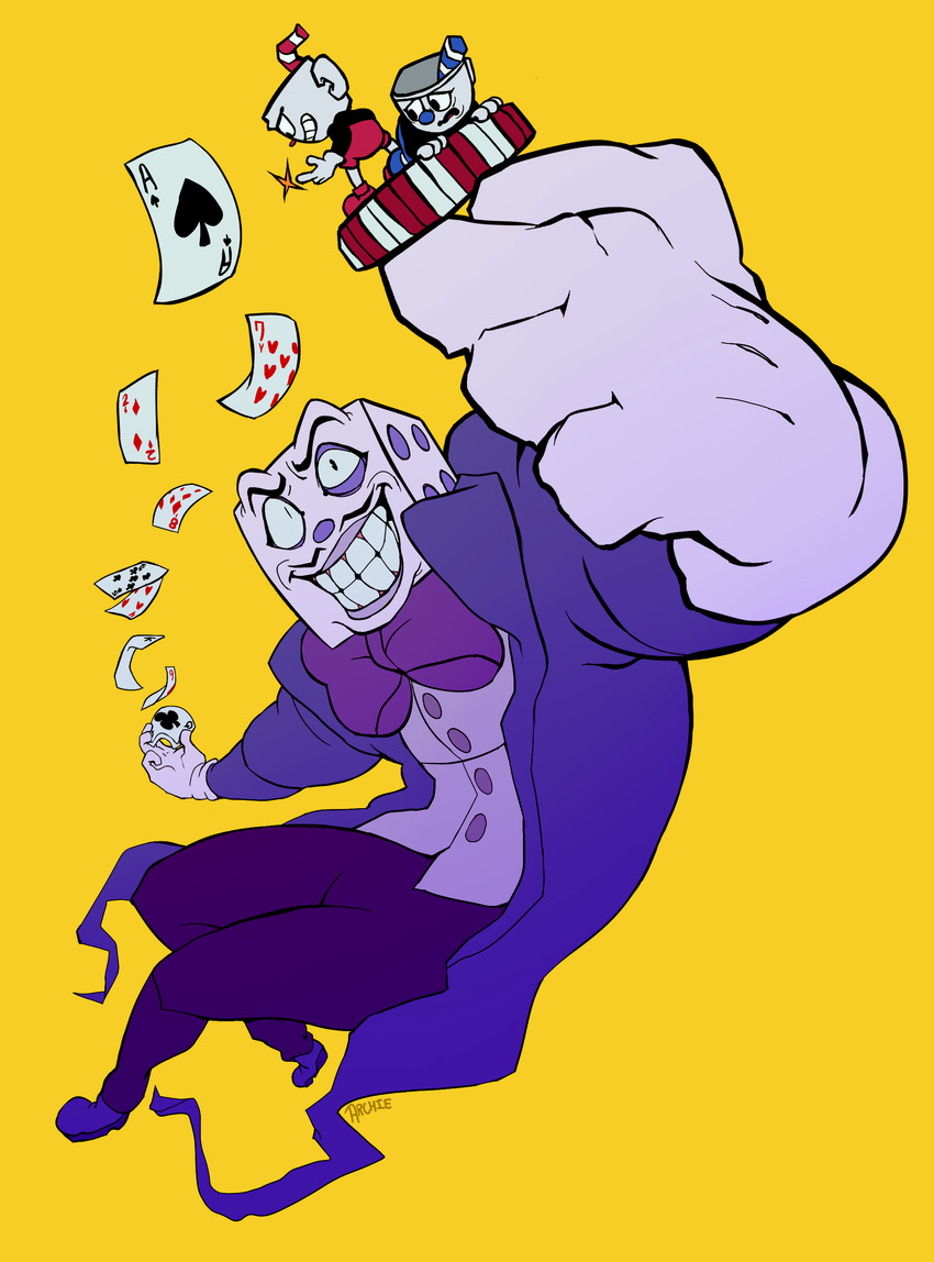 &clubs; &diams; &lt;3 &spades; 2017 4_fingers absurd_res action_pose all_fours animate_inanimate big_lips biped black_topwear blue_bottomwear blue_clothing blue_nose bow_tie button_(fastener) card clothing cup cuphead_(character) cuphead_(game) dice digital_drawing_(artwork) digital_media_(artwork) evil_grin eye_contact facial_hair fear footwear foreshortening gloves group hi_res humanoid humanoid_hands king_dice lips looking_down looking_up macro male mornincoffeerun mugman mustache not_furry object_head open_clothing open_jacket open_mouth pants perspective playing_card poker_chip purple_body purple_bottomwear purple_clothing purple_nose purple_topwear red_bottomwear red_clothing red_nose shirt shoes simple_background small_pupils smile snap snapping standing straw suit suit_symbol suspended_in_midair sweater_vest toony white_body yellow_background