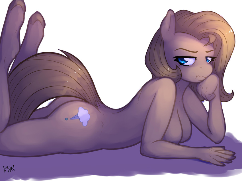 annoyed anthro anthrofied backy badenov blue_eyes breasts butt earth_pony equine fan_character female fur horse legs_up looking_back lying mammal my_little_pony nude on_front pony pose pouting side_boob simple_background solo tan_fur tan_hair unimpressed white_background