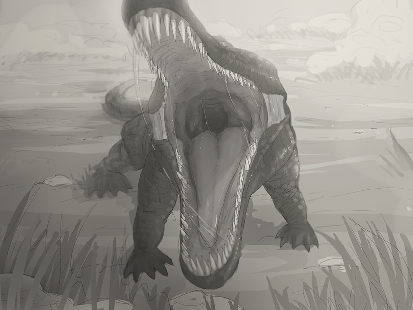 crocodilian dinosaur feral gaping_mouth looking_at_viewer metriorhynchus monochrome mouth_shot open_mouth outside reptile saliva saliva_string scalie sharp_teeth teeth themirth throat tongue