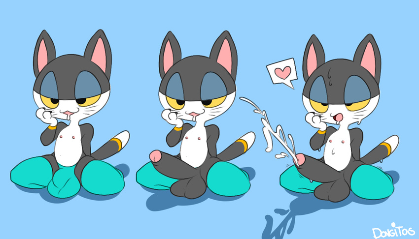 &lt;3 2017 :3 animal_crossing anthro balls big_balls big_bulge big_penis biped black_balls black_claws black_eyes black_penis blue_background blue_bottomwear blue_clothing blue_legwear bulge cat claws clothed clothing cum cumshot digital_drawing_(artwork) digital_media_(artwork) dongitos drooling ejaculation erection feline front_view full-length_portrait glans grey_body half-closed_eyes hand_on_face hands-free humanoid_penis legwear looking_pleasured male mammal mostly_nude motion_lines multicolored_body nintendo nipples open_mouth open_smile orgasm partially_retracted_foreskin penis pink_nipples portrait punchy_(animal_crossing) saliva sequence shadow shaking shivering simple_background sitting smile solo speech_bubble spread_legs spreading striped_body stripes sweat thigh_highs topless torogao uncut video_games wariza whiskers white_body yellow_body yellow_sclera yellow_stripes