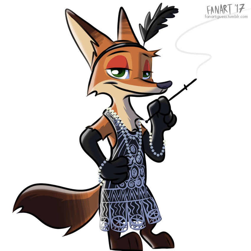 2017 anthro canine clothed clothing crossdressing disney fanartiguess fox fur male mammal multicolored_fur naughty_face nick_wilde portrait simple_background standing toony white_background zootopia
