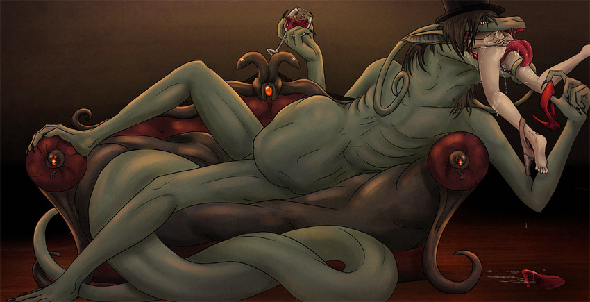 abdominal_bulge alcohol beverage brown_hair clothing dragon female footwear hair hat high_heels human long_tail male male/female mammal mirth_spindle oral_vore reclining ribs saliva shoes sofa swallowing themirth tongue tongue_out top_hat vore wine