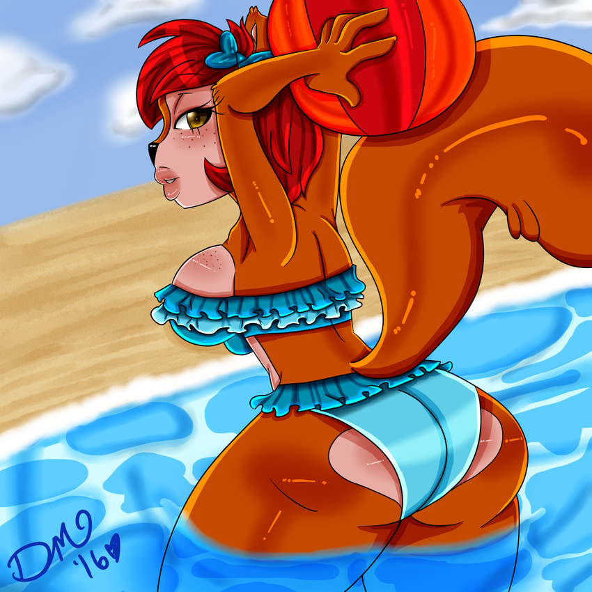 beach big_breasts breasts brown_eyes butt butt_pose clothing discordmelody female freckles hair lips looking_back mammal red_hair rodent seaside side_boob solo squirrel swimsuit