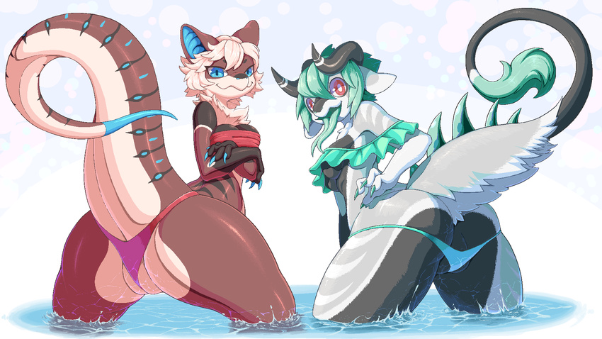 2017 adzuki_(seel_kaiser) anthro bare_shoulders big_butt bikini biped black_body blue_eyes blue_markings breasts brown_body butt butt_pose claws clothed clothing cream_hair crossed_arms digital_media_(artwork) dipstick_tail duo female forked_tongue fully_clothed fur fur_tuft green_bottomwear green_hair green_tongue green_topwear grey_body grey_fur hair hi_res horn leaning leaning_forward lizard long_tongue looking_at_viewer looking_back markings mint_choco multicolored_body multicolored_fur multicolored_tail open_mouth partially_submerged pata pussy pussy_floss raised_tail rear_view red_bottomwear red_eyes red_topwear reptile scalie shaded skimpy smile spines striped_body stripes swimsuit tan_body tan_hair thick_thighs tongue tongue_out tuft under_boob unknown_species water white_body white_fur white_pupils