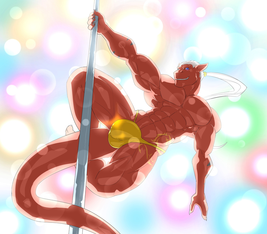 abs anthro biceps blue_eyes bulge clothing dancing dragon hair kartos male muscular muscular_male pecs pinup pole pole_dancing pose scalie slyphin_drakil solo tattoo teasing thong western_dragon white_hair