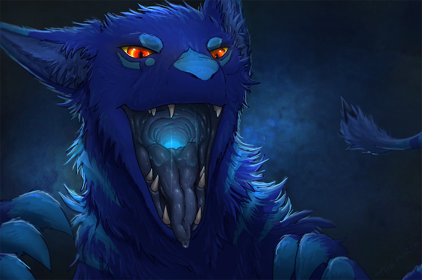 blue_flesh blue_fur claws eachom fur glowing_flesh imminent_vore looking_at_viewer mouth_shot red_eyes saliva simple_background teeth themirth throat tongue tongue_out vore zorgoia
