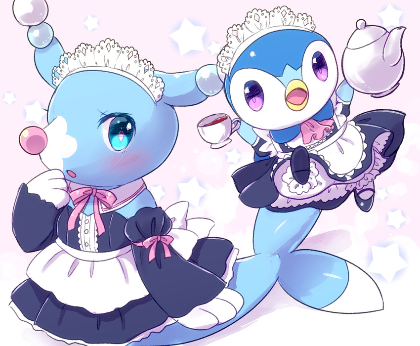 apron arms_up ascot beak bird black_dress black_footwear bloomers blue_eyes blush brionne clothed_pokemon cup detached_collar detached_sleeves dress full_body gen_4_pokemon gen_7_pokemon holding holding_cup kemoribon long_sleeves looking_at_viewer maid_headdress mary_janes no_humans open_mouth penguin pink_background pink_neckwear pink_ribbon piplup pokemon pokemon_(creature) purple_eyes ribbon sea_lion shoes smile star teacup teapot underwear waist_apron white_apron