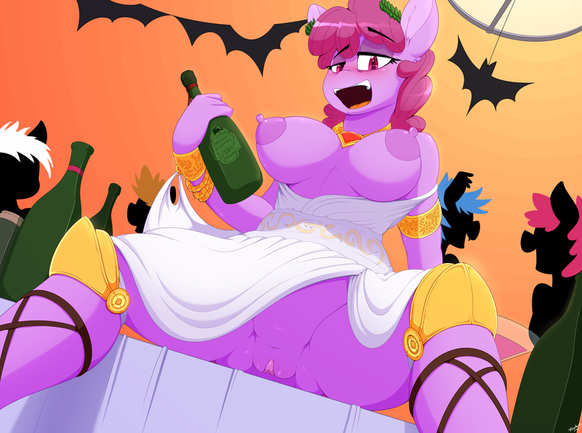 2017 alcohol ambiguous_gender anthro anthrofied areola berry_punch_(mlp) beverage big_areola blush bottomless breasts clothed clothing costume dress drunk equine exhibitionism female footwear friendship_is_magic group halloween hi_res holidays horse jewelry knee_pads looking_at_viewer low-angle_view mammal my_little_pony nipples nude partial_nudity party pony public pussy replica_(artist) sandals solo_focus wine worm's-eye_view wreath
