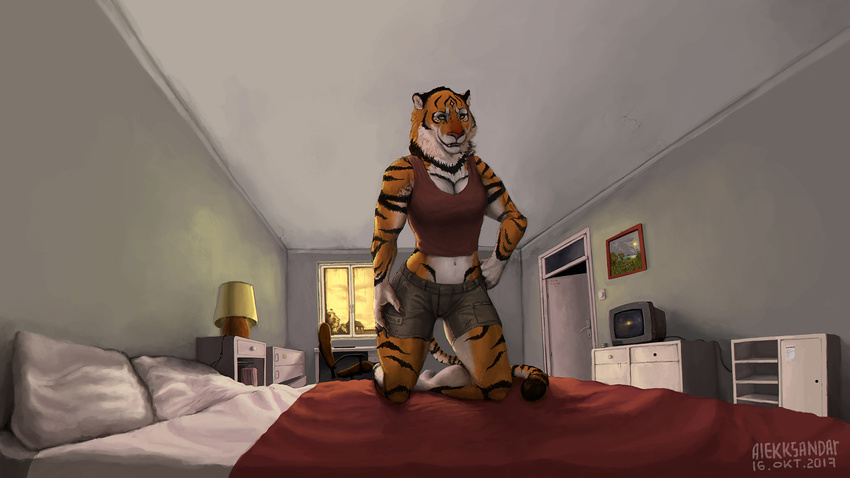 2017 afternoon alekksandar anthro bed big_breasts breasts cleavage clothed clothing detailed_background feline female fully_clothed hi_res inside mammal manya_(character) midriff navel on_bed pillow signature solo teeth television tiger yellow_eyes yellow_sclera