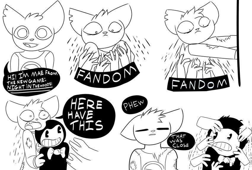 0 2017 anthro bendy bendy_and_the_ink_machine big_ears bow_tie cat clothed clothing crossover cute damaged_clothing demon dialogue distressed english_text fear feline fully_clothed fur holding_(disambiguation) humor mae_(nitw) mammal monochrome night_in_the_woods null_symbol parody relief salamikii simple_background smile speech_bubble text video_games white_background