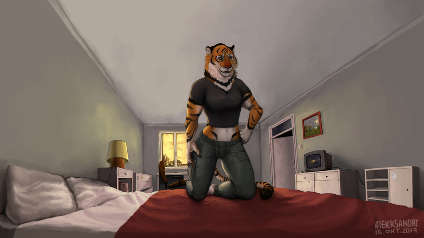2017 afternoon alekksandar anthro bed breasts clothed clothing detailed_background feline female fully_clothed hi_res inside mammal manya_(character) midriff navel on_bed pillow signature solo teeth television tiger yellow_eyes yellow_sclera