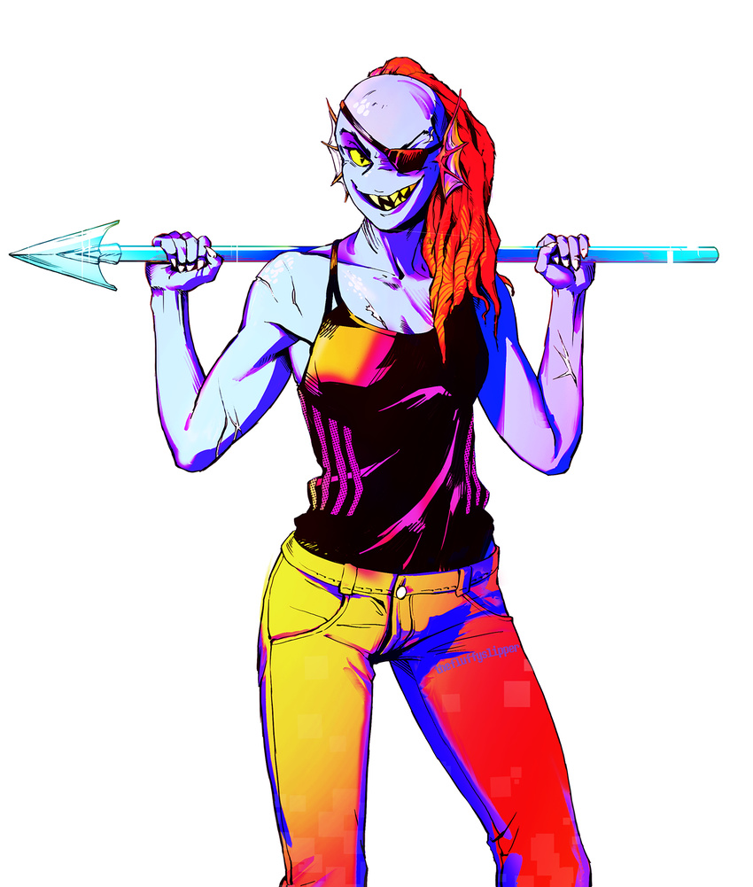 2017 anthro blue_skin breasts clothing eye_patch eyewear female fish fluffyslipper grin hair jeans long_hair looking_at_viewer marine melee_weapon muscular muscular_female pants polearm red_hair scar sharp_teeth simple_background smile solo spear standing teeth undertale undyne video_games weapon white_background yellow_eyes