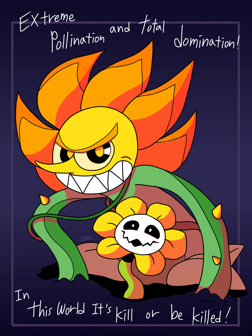 2017 absurd_res cagney_carnation crossover cuphead_(game) duo english_text flora_fauna flower flowey_the_flower hi_res male neonkalistar not_furry plant pointy_nose signature smile spikes teeth text toony undertale video_games vines