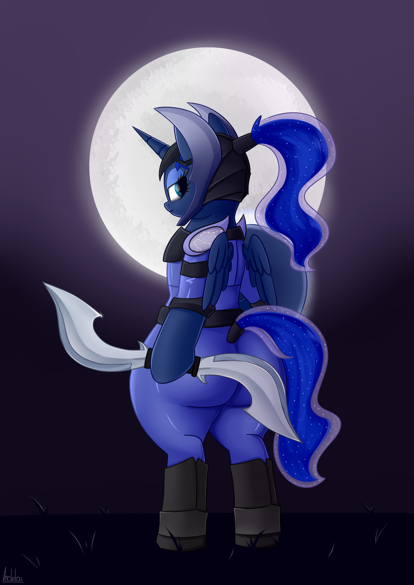 andelai armor big_butt biped butt clothing dota2 equine female friendship_is_magic helmet horn horse mammal my_little_pony pony princess_luna_(mlp) rubber rubber_suit semi-anthro simple_background solo standing unicorn weapon wide_hips
