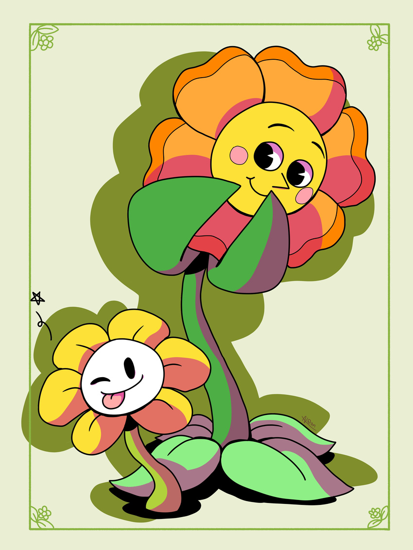 blush cagney_carnation cuphead_(game) duo flora_fauna flower flowey_the_flower neonkalistar one_eye_closed plant tongue tongue_out toony undertale video_games wink