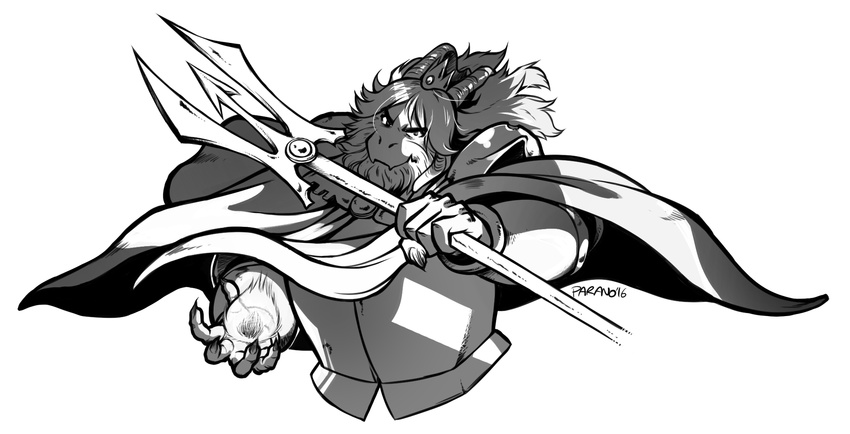 2016 5_fingers anthro armor asgore_dreemurr beard boss_monster cape caprine clothed clothing crown digital_drawing_(artwork) digital_media_(artwork) facial_hair fire fur hair hi_res long_ears looking_at_viewer male mammal melee_weapon reincarnatedparano royalty simple_background solo undertale video_games weapon white_background