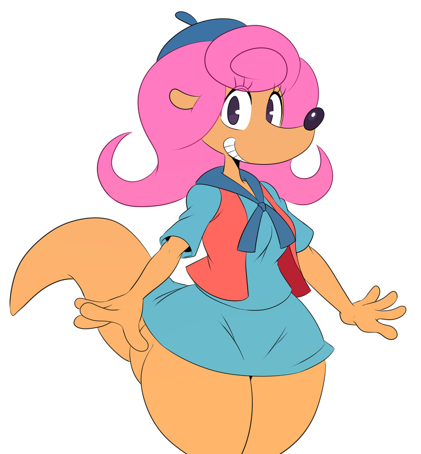 2017 anthro big_butt black_nose butt camp_lazlo cartoon_network clothed clothing female hair herpestid hi_res looking_at_viewer mammal mongoose patsy_smiles pink_hair simple_background smile solo sssonic2 thick_thighs toony white_background wide_hips