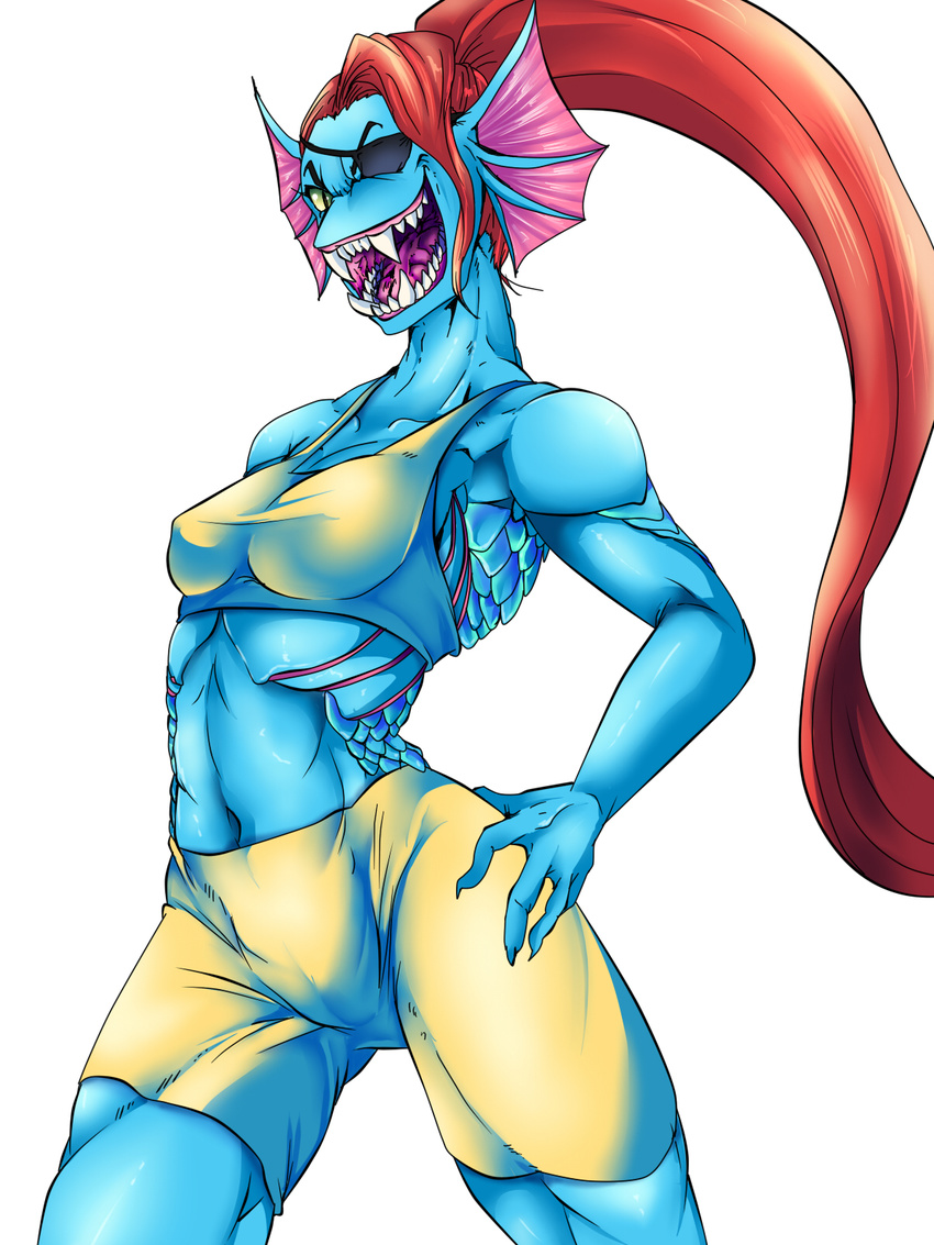 anthro clothing eye_patch eyewear female fish gills hair long_hair looking_at_viewer mammal marine muscular muscular_female nabesiki open_mouth ponytail sharp_teeth simple_background solo standing teeth undertale undyne video_games white_background