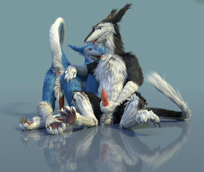 2017 3d_(artwork) 4_toes animal_genitalia animal_penis anthro anthro_on_anthro anus arceronth balls black_fur blep blue_fur brown_eyes butt butt_shot claws digital_media_(artwork) duo fluffy fur grey_background grey_claws hand_on_butt looking_back male male/male masturbation nameless_character nude pawpads penis presenting raised_tail reflection sergal simple_background sitting toe_claws toes tongue tongue_out white_fur