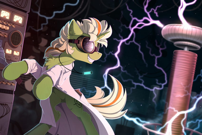 2017 clothed clothing cutie_mark detailed_background digital_media_(artwork) equine eyewear fan_character fur goggles green_fur hair hooves horn male mammal my_little_pony smile solo tesla_coil unicorn white_hair yakovlev-vad