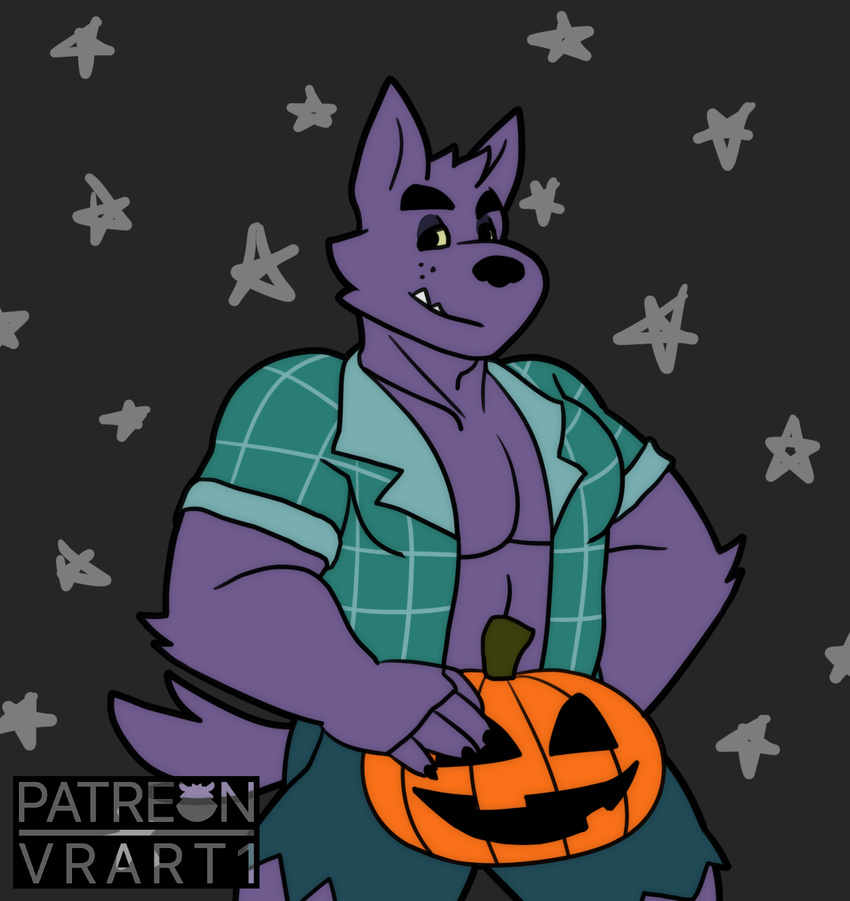 2017 5_fingers anthro bernard_(ok_k.o.!_lbh) biceps black_claws black_eyes black_nose canine cartoon_network chest_tuft claws clothed clothing digital_media_(artwork) fangs food front_view fruit fur halloween hand_on_hip holding_object holidays looking_at_viewer male mammal muscular ok_k.o.!_let's_be_heroes open_shirt pants pecs pumpkin purple_fur shirt solo standing star teeth tuft v--r were werewolf yellow_sclera