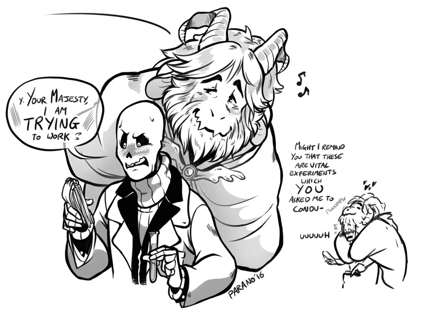 &lt;3 2016 anthro asgore_dreemurr beard blush boss_monster cape caprine clothed clothing dialogue digital_drawing_(artwork) digital_media_(artwork) duo embracing english_text facial_hair fur gaster goat hair hi_res horn hug long_ears male mammal musical_note open_mouth romantic_couple simple_background size_difference smile speech_bubble text undertale video_games white_background