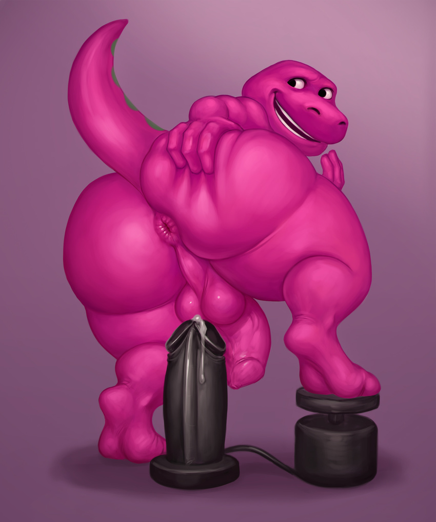 2017 anthro anus backsack balls barney barney_and_friends big_butt biped butt butt_grab dagapuff dildo dinosaur foreskin hand_on_butt humanoid_penis looking_back lube male nude open_mouth penis perineum pink_balls pink_penis presenting presenting_anus presenting_hindquarters purple_scales purple_skin rear_view scales scalie sex_toy simple_background smile solo spread_anus spread_legs spreading standing theropod thick_thighs tight_foreskin tyrannosaurus_rex uncut wide_hips