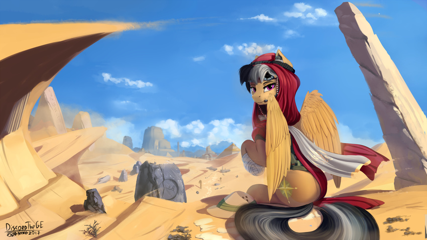 2017 black_hair clothed clothing cutie_mark daring_do_(mlp) day detailed_background digital_media_(artwork) discordthege equine feathers female feral friendship_is_magic fur grey_hair hair hooves mammal my_little_pony outside pegasus sitting sky tan_feathers tan_fur white_hair wings