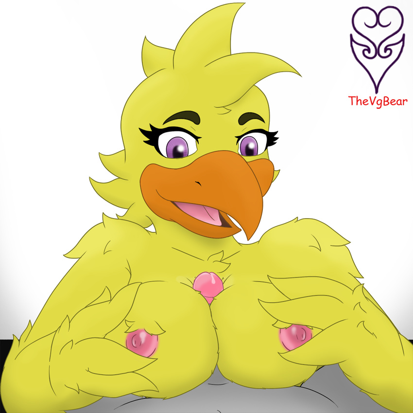 anthro avian beak bird breasts chica_(fnaf) chicken duo faceless_male feathers female first_person_view five_nights_at_freddy's hi_res male male/female nipples non-mammal_breasts nude overweight penis precum purple_eyes sex simple_background slightly_chubby thevgbear titfuck toony video_games white_background winged_arms wings yellow_feathers