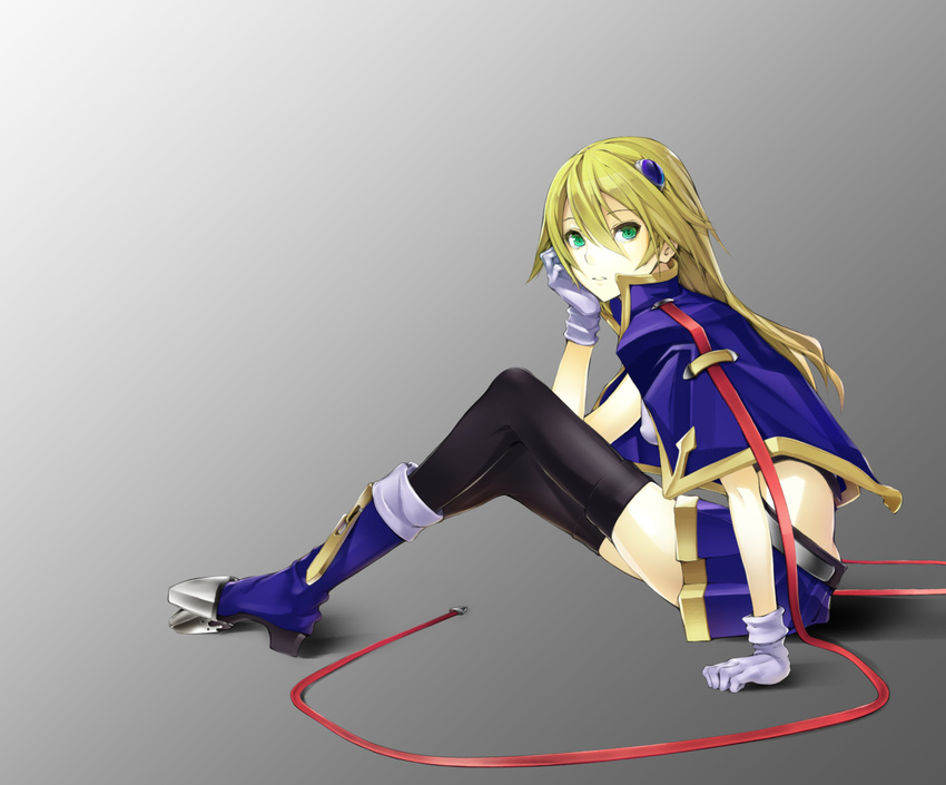 blazblue blazblue:_central_fiction blazblue:_chronophantasma blazblue:_continuum_shift blazblue_phase_0 blazblue_remix_heart blonde_hair boots commentary full_body gloves gold_trim green_eyes grey_background jacket long_hair looking_at_viewer necktie noel_vermillion simple_background sitting solo thighhighs wmwm2