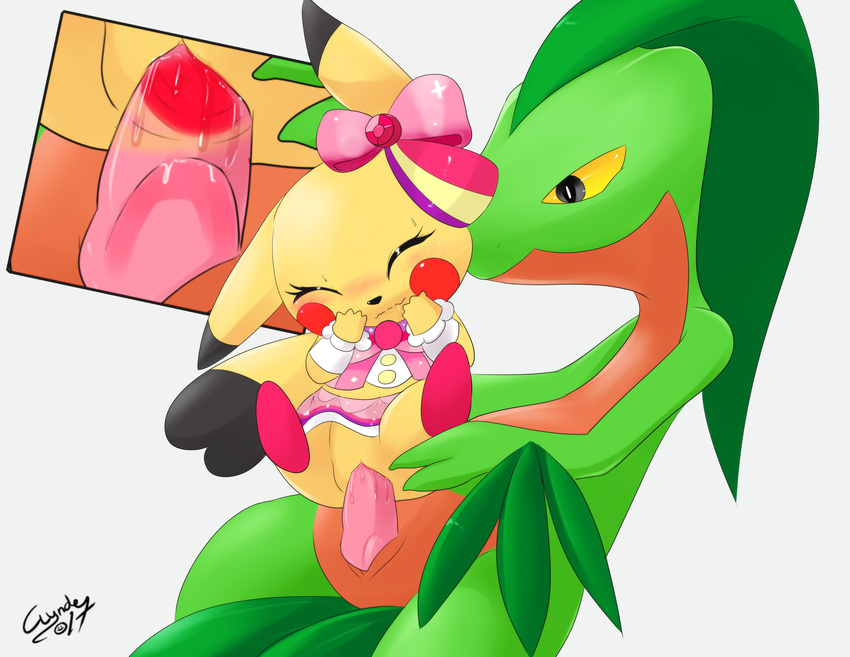 amber_eyes better_version_at_source black_nose blush bottomless bow close-up clothed clothed_sex clothing clyndemoon cosplay_pikachu cutaway cute duo eyes_closed female fur green_skin grovyle hand_on_mouth larger_male male male/female nintendo penetration penis pikachu pikachu_pop_star pok&eacute;mon pok&eacute;mon_(species) pussy_juice sex size_difference skirt smaller_female spread_legs spreading vaginal vaginal_penetration video_games yellow_fur