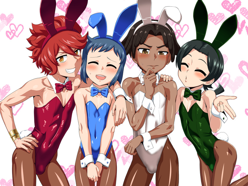 animal_ears black_hair blue_hair blue_leotard blue_neckwear bow bowtie brown_legwear bulge bunny_boy bunny_ears bunny_tail bunnysuit closed_eyes cowboy_shot crossdressing dark_skin dark_skinned_male detached_collar green_leotard green_neckwear gundam gundam_build_fighters iori_sei leotard looking_at_viewer multiple_boys nagiichi nils_nielsen otoko_no_ko pantyhose red_hair red_leotard red_neckwear reiji_(gundam_bf) strapless strapless_leotard tail white_leotard white_neckwear wrist_cuffs yasaka_mao yellow_eyes