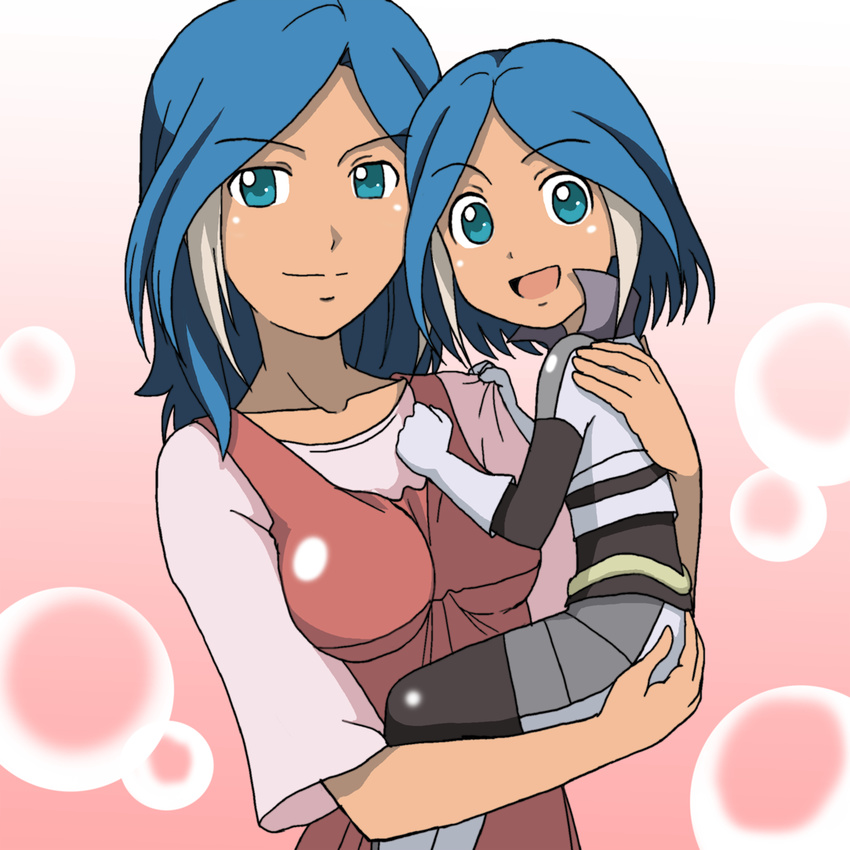 blue_eyes blue_hair breasts inazuma_eleven inazuma_eleven_(series) kakkii long_hair mother_and_daughter multicolored_hair multiple_girls open_mouth short_hair smile two-tone_hair urubida