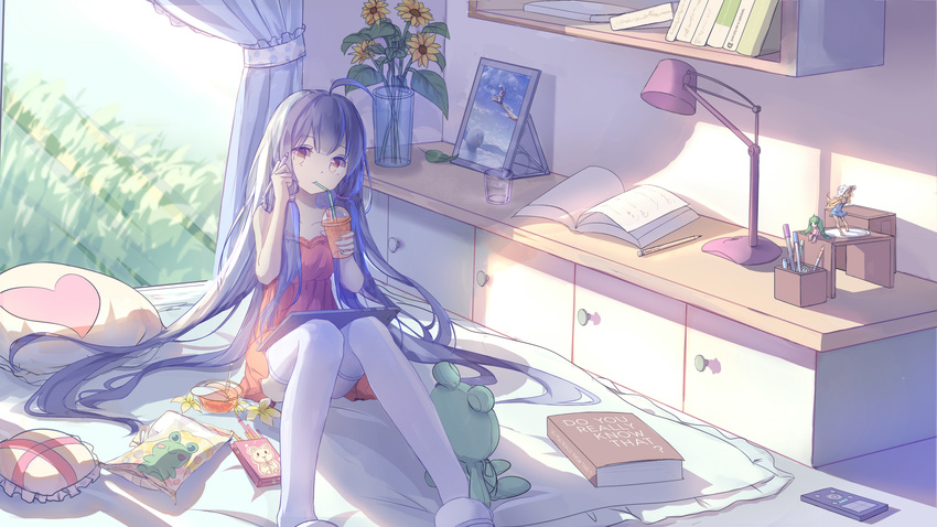absurdres ahoge bare_shoulders bed book collarbone drawer dress drink drinking figure flower food furniture graphite_(medium) heart highres lamp long_hair looking_at_viewer mirror pale_skin pen pillow pocky purple_hair room shelf sitting sketch sleeveless solo stuffed_animal stuffed_frog stuffed_toy sweets thighhighs traditional_media very_long_hair vocaloid window xingchen yue_yue