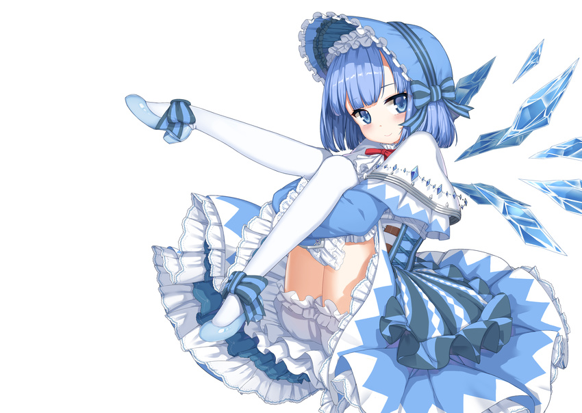 absurdres bangs bloomers blue_background blue_bow blue_eyes blue_footwear blue_hair blue_wings blunt_bangs blush bonnet bow capelet cirno closed_mouth detached_wings embellished_costume eyebrows_visible_through_hair frilled_hat frills gem hair_bow hairband hat highres ice ice_wings invisible_chair leg_hug legs_up lolita_fashion lolita_hairband long_sleeves looking_at_viewer neck_ribbon red_neckwear red_ribbon ribbon shoe_bow shoes short_hair simple_background sitting smile solo striped striped_bow sugar_sound thighs touhou underwear upskirt white_background wings