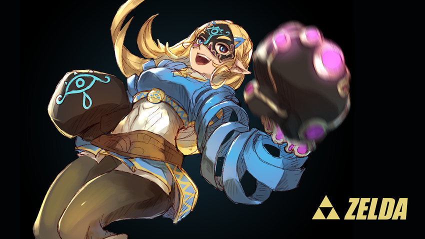 arms_(game) black_background black_legwear blonde_hair blue_eyes boxing_gloves breasts character_name company_connection crossover ct_wind domino_mask hair_ornament hairclip highres long_hair looking_at_viewer mask medium_breasts open_mouth pointy_ears princess_zelda simple_background smile solo the_legend_of_zelda the_legend_of_zelda:_breath_of_the_wild triforce