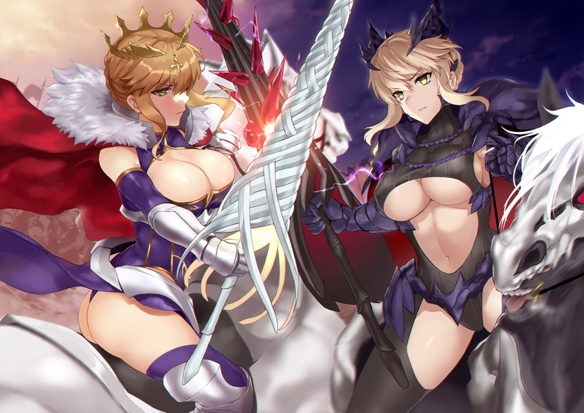 artoria_pendragon_(all) artoria_pendragon_(lancer) artoria_pendragon_(lancer_alter) bangs black_legwear black_leotard blonde_hair blue_legwear blue_leotard breasts cape cleavage cleavage_cutout commentary_request crown dun_stallion fate/grand_order fate_(series) faulds fur-trimmed_cape fur_trim gauntlets greaves green_eyes horns horse jirusu lance large_breasts leotard llamrei_(fate) multiple_girls navel navel_cutout pauldrons polearm red_cape ribbed_leotard sidelocks sparks swept_bangs thighs turtleneck underboob waist_cutout weapon yellow_eyes