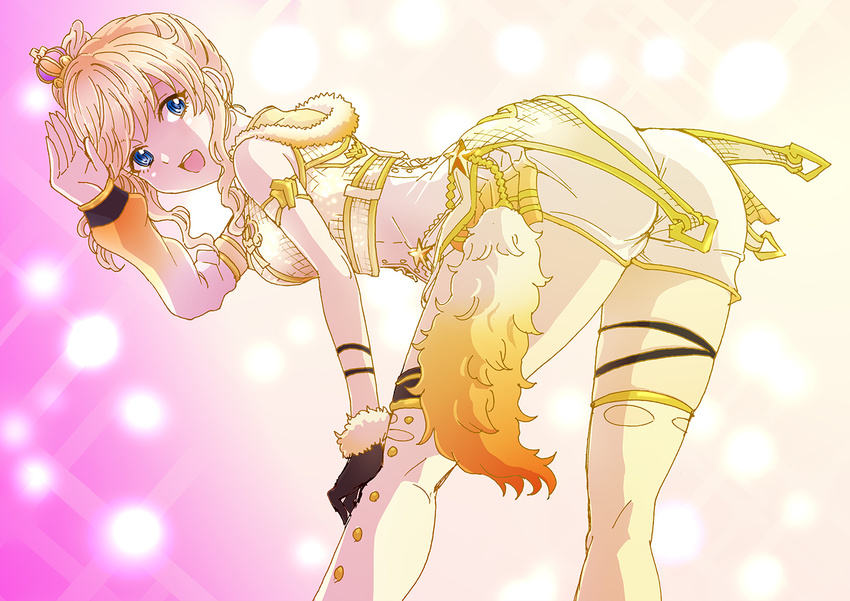 1girl artist_request ass bare_shoulders bent_over blue_eyes breasts crown hair_bun idolmaster idolmaster_cinderella_girls leaning leaning_forward long_hair looking_at_viewer ootsuki_yui open_mouth party_time_gold shiny shiny_clothes shiny_hair short_shorts shorts sideboob single_glove smile solo thighhighs vest
