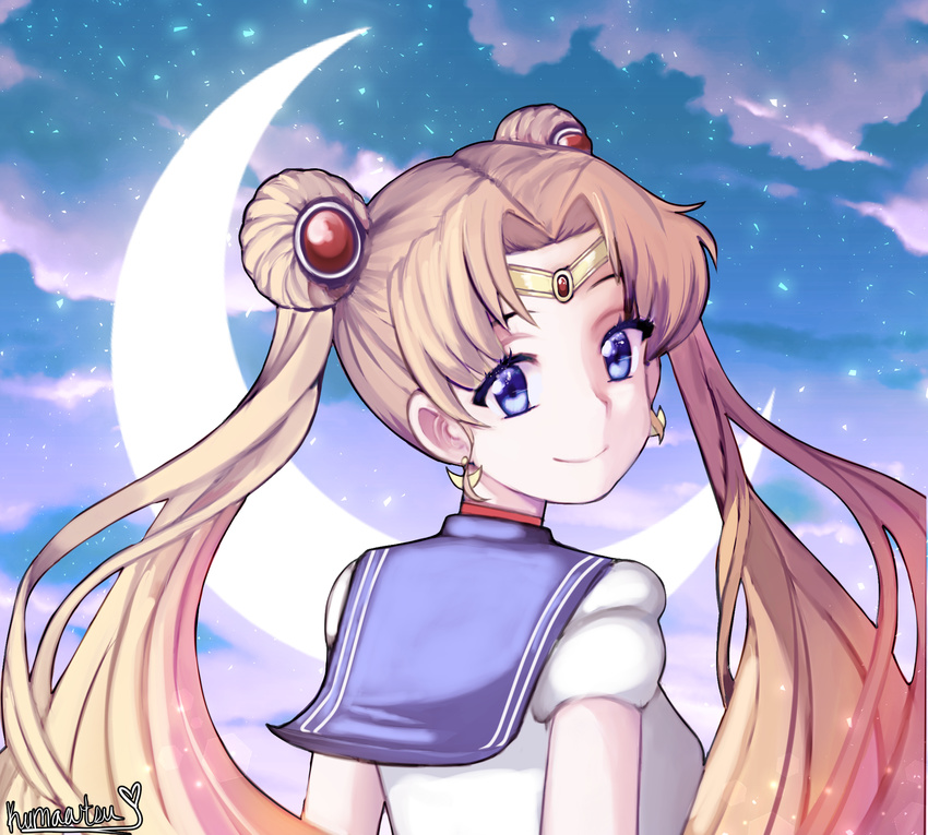 artist_name bad_id bad_pixiv_id bangs bishoujo_senshi_sailor_moon blonde_hair blue_eyes blue_sailor_collar blue_sky circlet closed_mouth cloud crescent crescent_earrings crescent_moon double_bun earrings hair_ornament highres jewelry kumaartsu long_hair looking_at_viewer looking_back moon parted_bangs sailor_collar sailor_moon sailor_senshi_uniform signature sky smile solo tsukino_usagi twintails upper_body