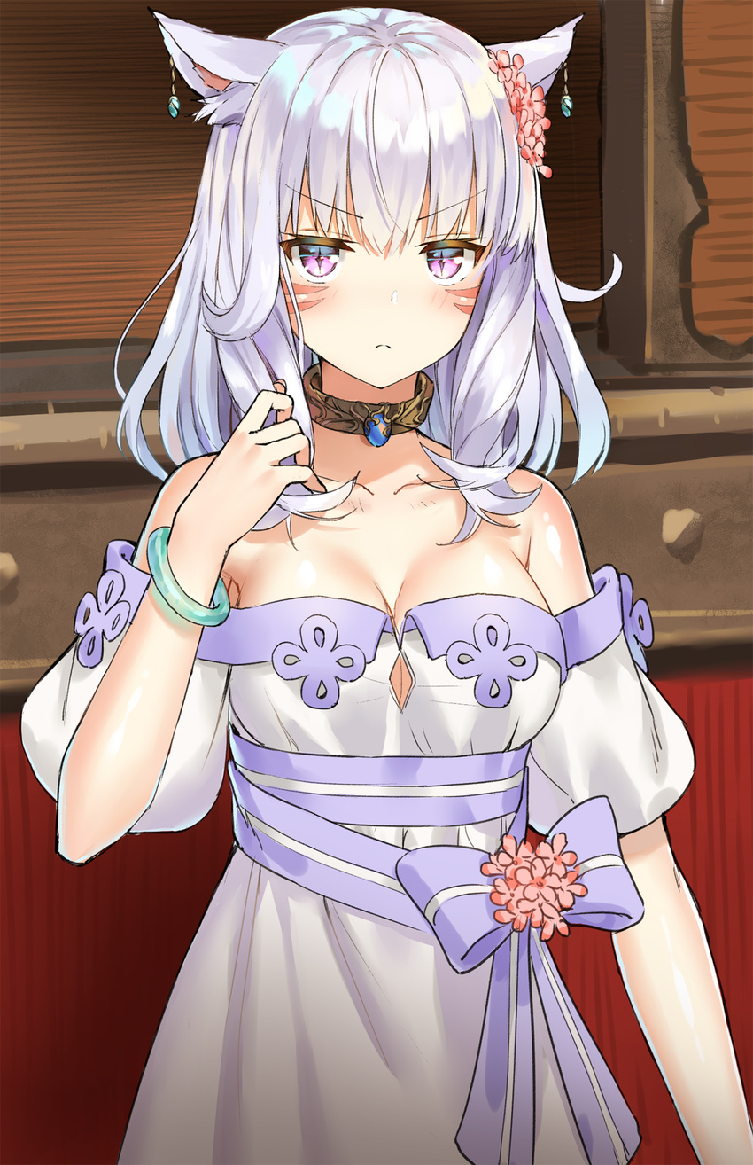 &gt;:( 5ya animal_ears bangs bare_shoulders breasts cat_ears choker cleavage dress earrings eyebrows_visible_through_hair facial_mark final_fantasy final_fantasy_xiv frown gem grey_hair hair_ornament hand_in_hair hand_up highres jewelry large_breasts looking_at_viewer miqo'te puffy_short_sleeves puffy_sleeves purple_eyes ribbon short_sleeves slit_pupils solo standing v-shaped_eyebrows