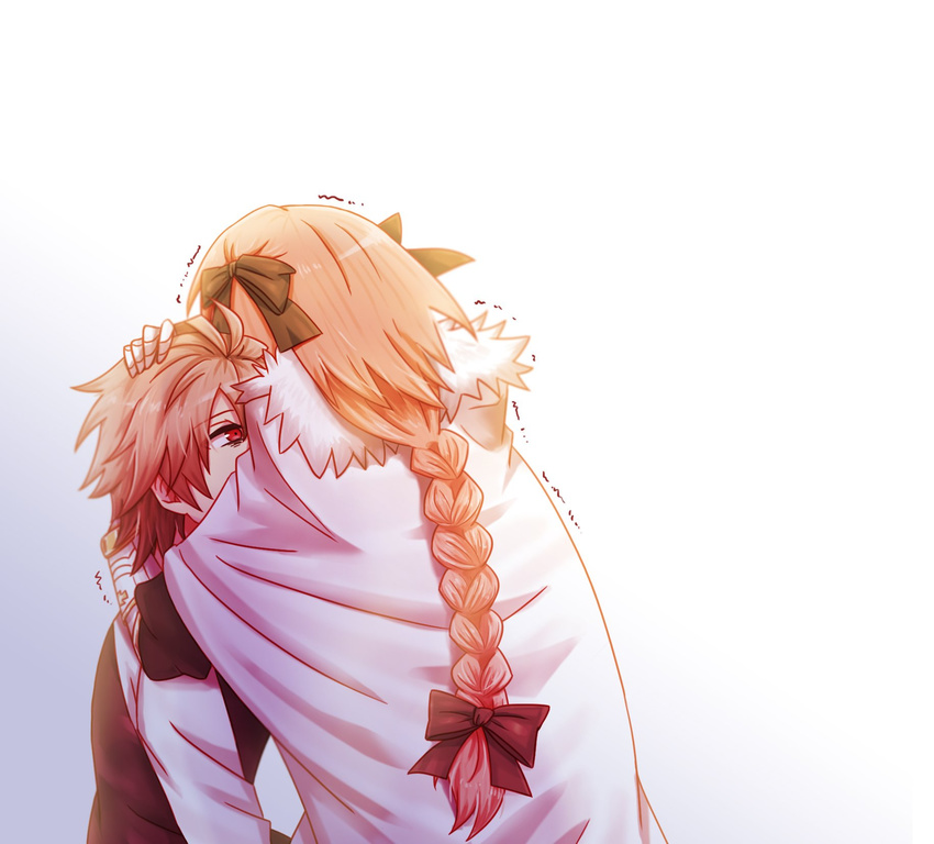 ahoge astolfo_(fate) bangs braid cape cloak collared_shirt commentary_request couple dress fate/apocrypha fate_(series) fokwolf gloves highres hug long_hair male_focus multiple_boys otoko_no_ko red_eyes sad shirt short_hair sieg_(fate/apocrypha) simple_background single_braid sitting sweater_vest turtleneck white_background white_shirt