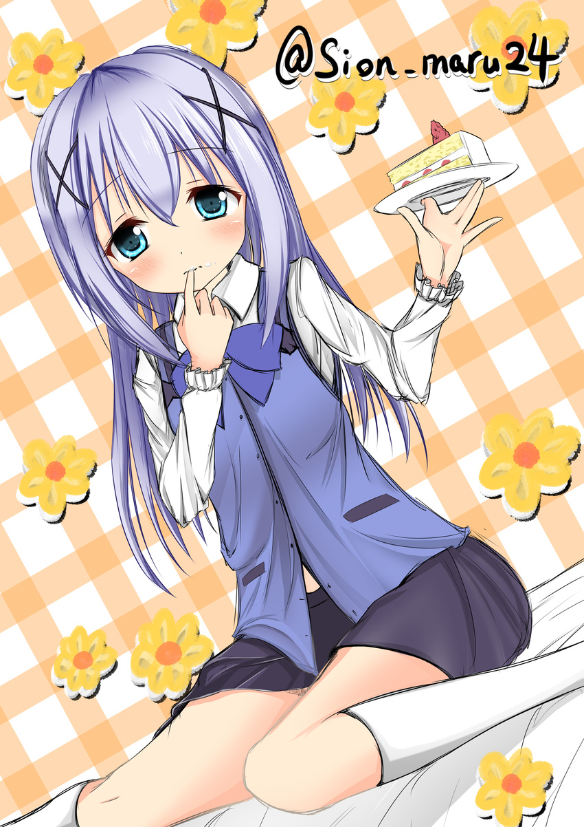 absurdres bangs bed_sheet black_skirt blue_eyes blue_neckwear blue_vest blush bow bowtie buttons cake closed_mouth collared_shirt commentary_request cream cream_on_face eyebrows_visible_through_hair finger_to_mouth flat_chest flower food food_on_face fruit gochuumon_wa_usagi_desu_ka? hair_between_eyes hair_ornament hairclip highres holding holding_plate kafuu_chino kneehighs light_blue_hair long_hair long_sleeves looking_at_viewer maru_shion partially_unbuttoned plaid plaid_background plate rabbit_house_uniform shirt sidelocks sitting sketch skirt solo strawberry twitter_username two-tone_background vest wavy_mouth white_legwear white_shirt wing_collar x_hair_ornament yellow_flower