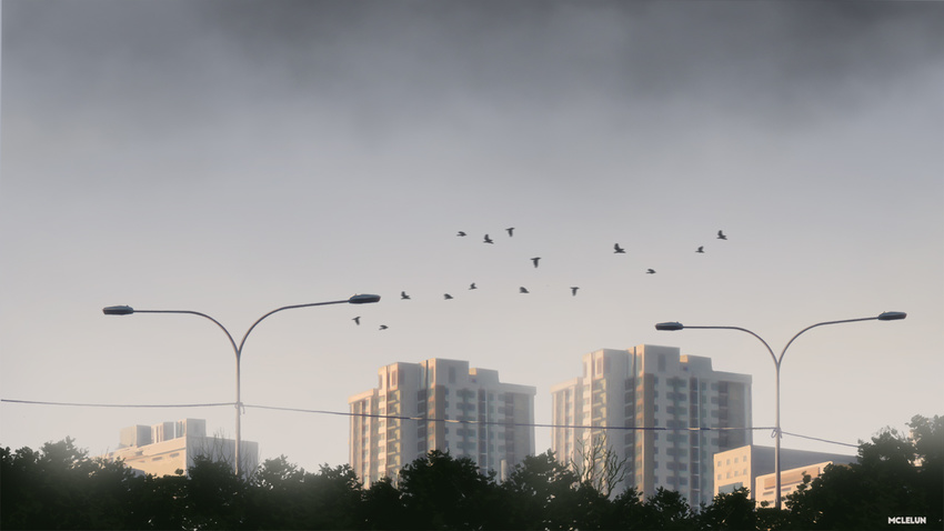 bare_tree bird building city cloud cloudy_sky commentary flock grey_sky lamppost making_of mclelun no_humans original outdoors power_lines scenery sky skyline tree