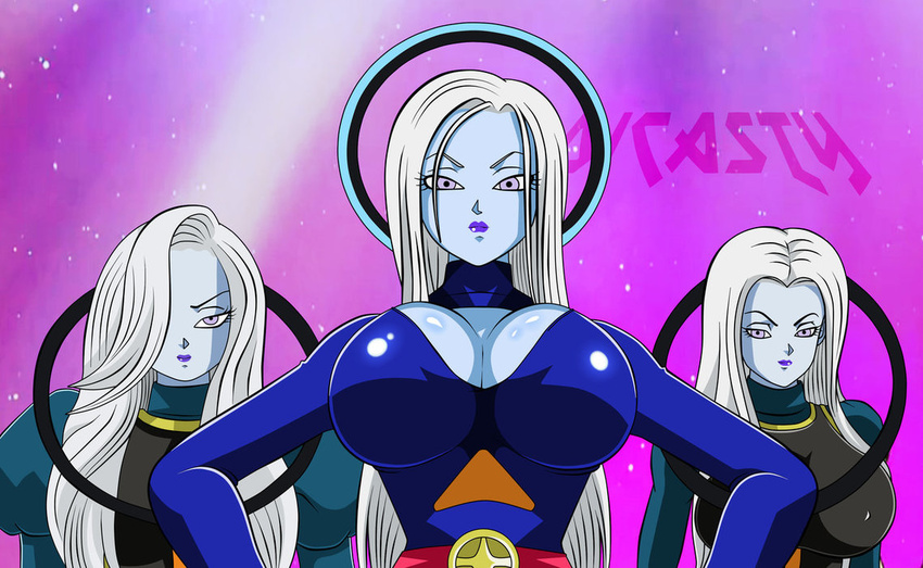 angel_(dragon_ball) angry angry_face blue_skin breasts cleavage clothed collar colored dicasty dragon_ball dragon_ball_super eyelashes heart_eyes large_breasts long_hair looking_at_viewer multiple_girls one_eye_covered parted_lips pose purple_eyes purple_lipstick shiny shiny_skin straight_hair vados_(dragon_ball) white_hair
