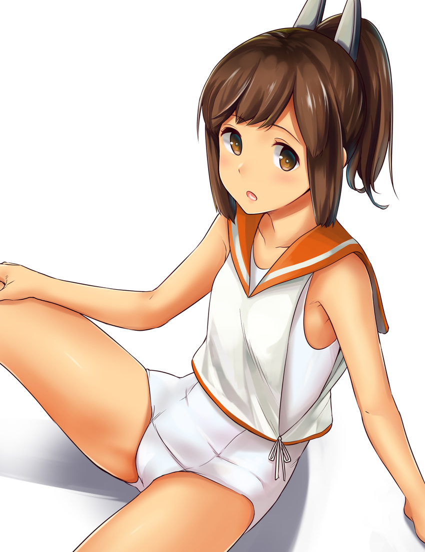 :o alternate_color alternate_costume arm_support bangs bare_arms bare_legs bare_shoulders barefoot blunt_bangs blush brown_eyes brown_hair collarbone eyebrows_visible_through_hair hair_ornament hand_on_own_knee haregama_shiina highres i-401_(kantai_collection) kantai_collection looking_at_viewer looking_back looking_up one-piece_swimsuit open_mouth ponytail sailor_collar school_swimsuit shadow short_hair sidelocks simple_background sitting sleeveless solo swimsuit white_background white_school_swimsuit white_swimsuit