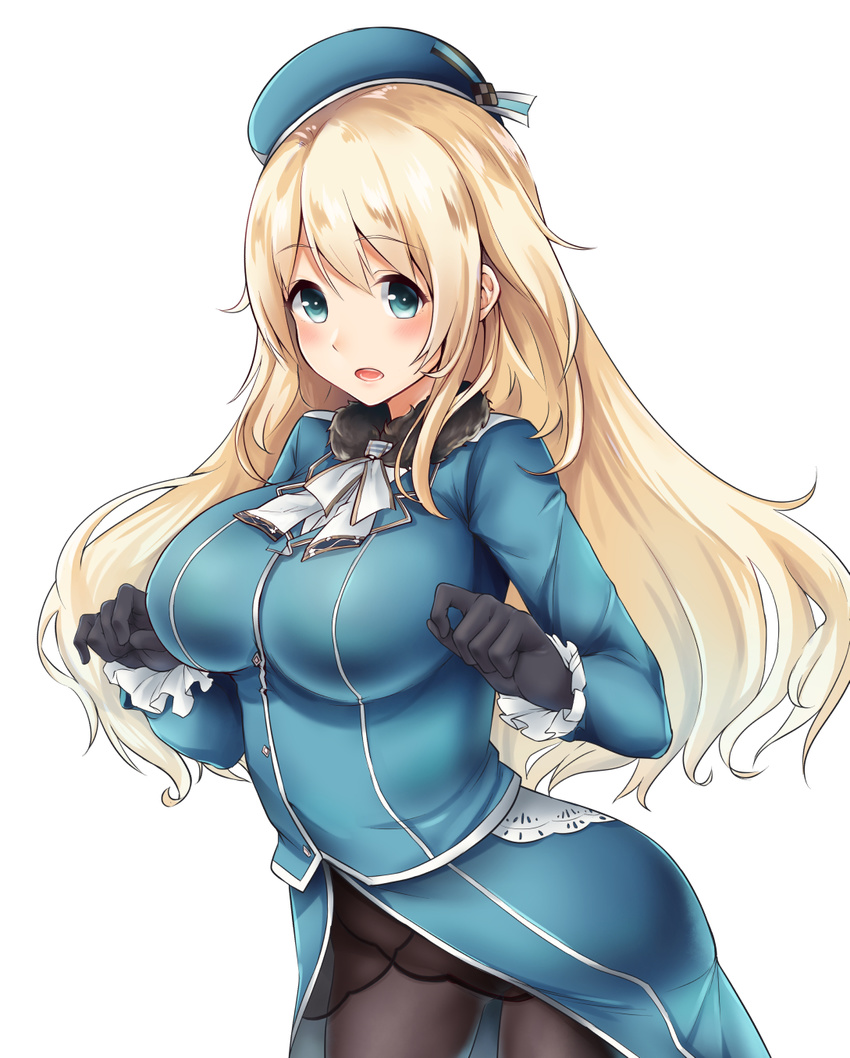 atago_(kantai_collection) beret black_gloves black_legwear blonde_hair blue_eyes breasts gloves haregama_shiina hat highres kantai_collection large_breasts long_hair long_sleeves military military_uniform open_mouth pantyhose simple_background solo uniform white_background