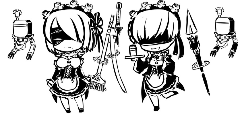 1girl alternate_costume blindfold chibi crossdressing drink enmaided frown greyscale invader leg_up maid monochrome mop nier_(series) nier_automata plate pod_(nier_automata) polearm smile spear sword weapon white_background yorha_no._2_type_b yorha_no._9_type_s